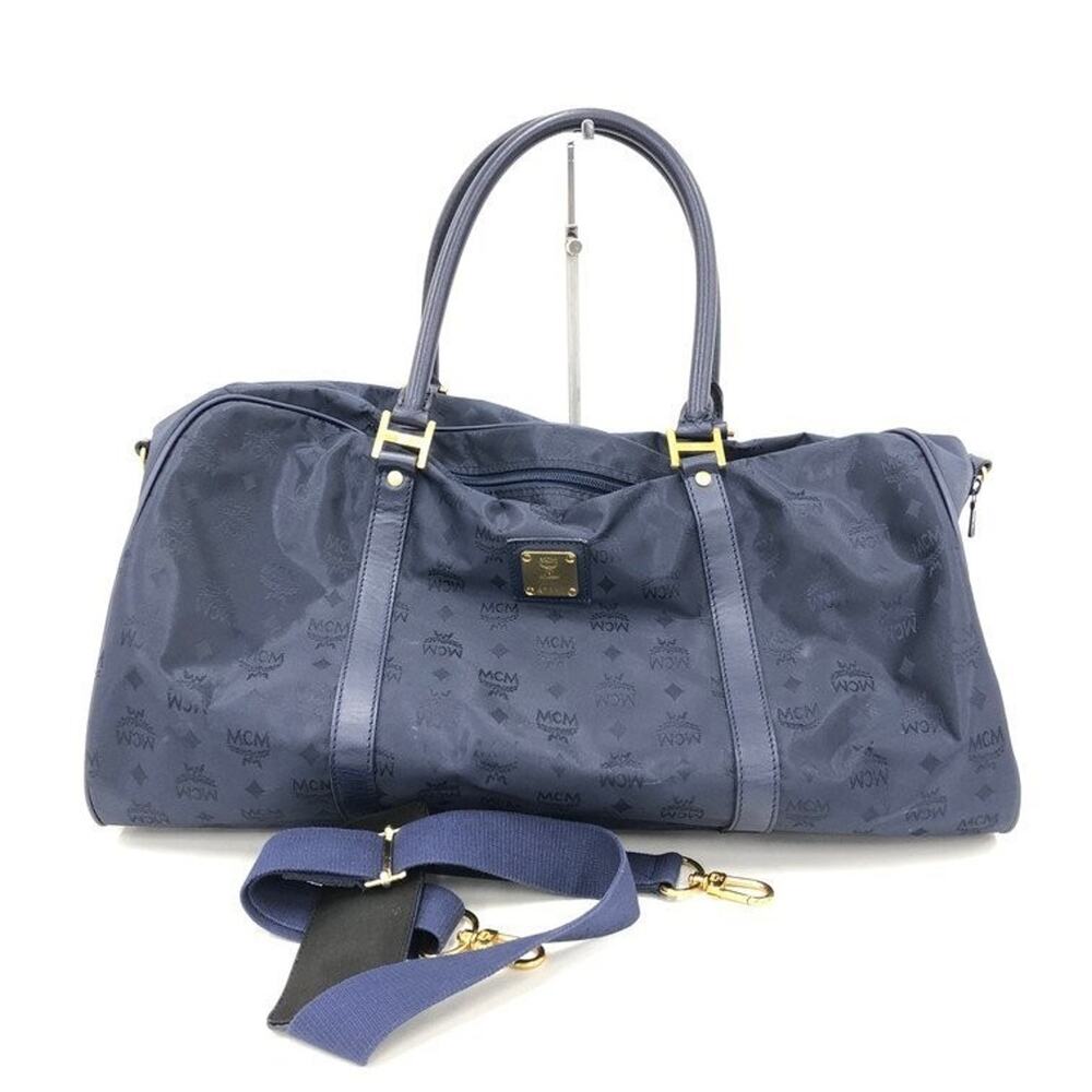 MCM Blue Visetos Monogram Duffle Weekender Bag with strap